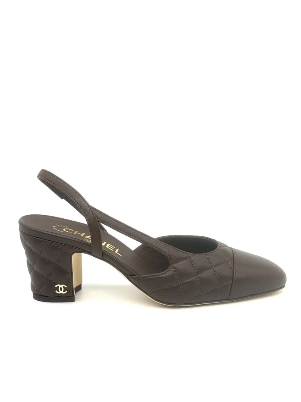 CHANEL 26B Coco Quilted Leather Mademoiselle Slingback Sandals Block Heels Pump